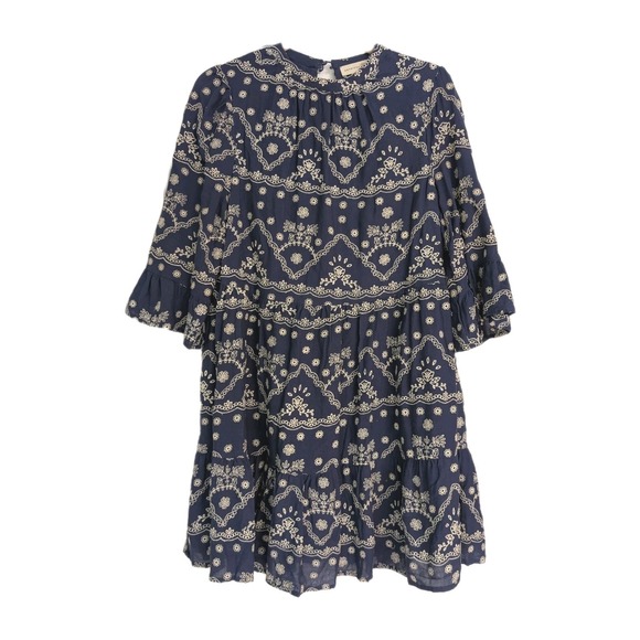 Penelope Rose Dresses & Skirts - Floral Embroidered Mini Smock Dress ‎ with Flare Flowly Sleeve Sz M Navy White